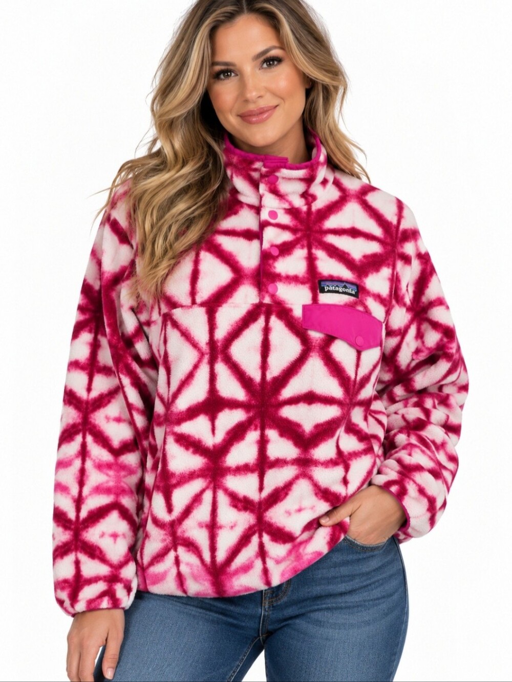 Patagonia Synchilla Snap-T Fleece Pullover Women Medium Pink White Geometric